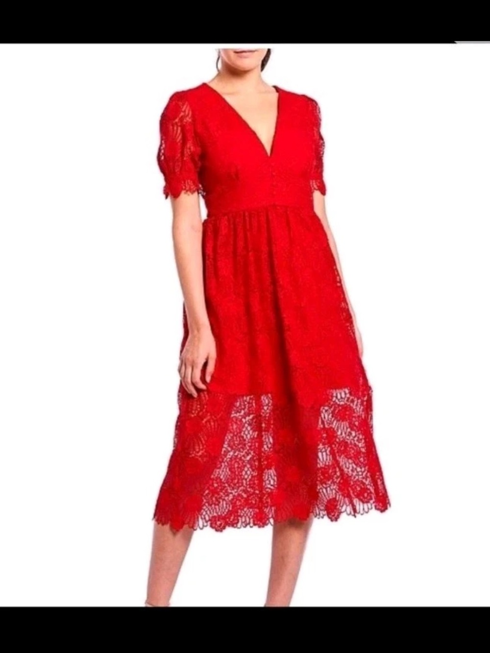 Gianni Bini Red Lace V-Neck Midi Dress with Sheer Hem